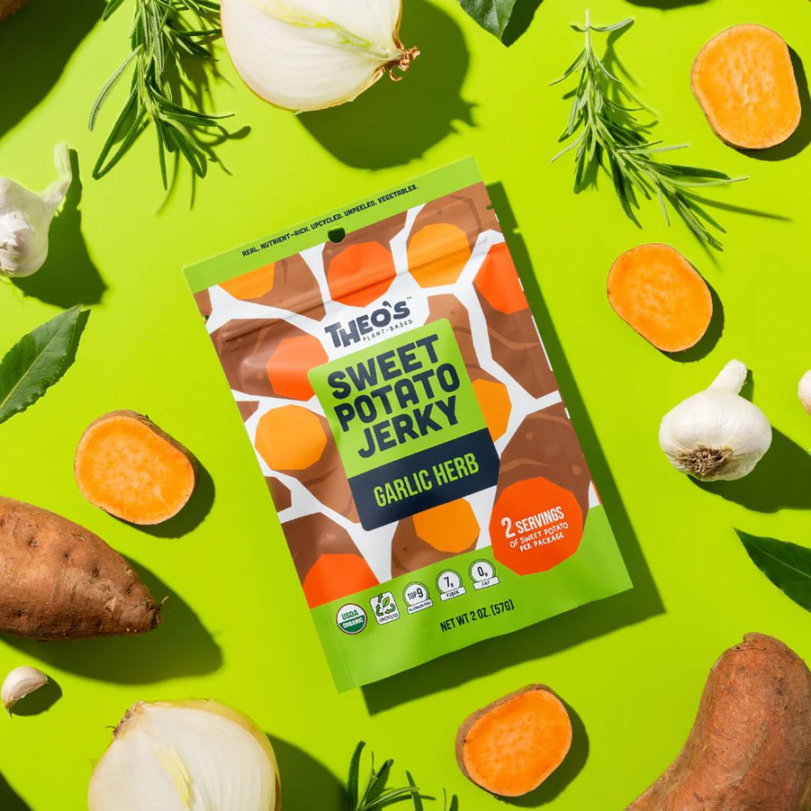 Real Nutrient Rich Upcycled Unpeeled Vegetables Organic Theo's Plant Based Sweet Potato Jerky Garlic Herb