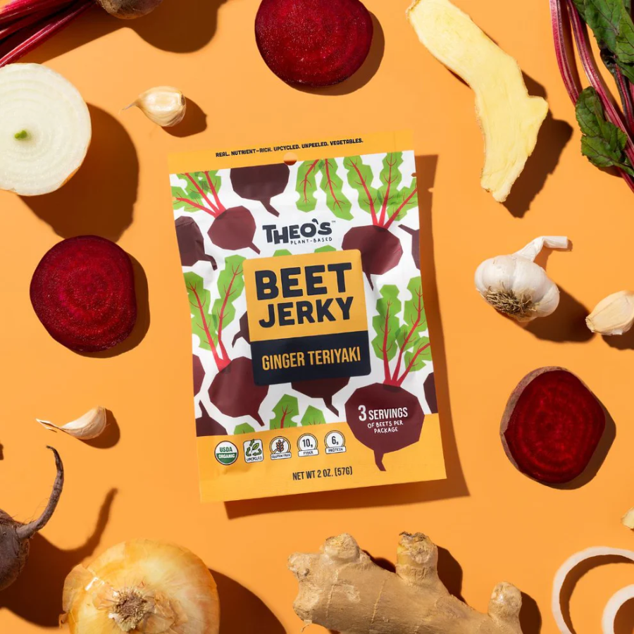 Real Nutrient Rich Upcycled Unpeeled Vegetables Organic Theo's Plant Based Beet Jerky Ginger Teriyaki