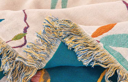 Cotton Fringe Edge On Colorful Paradiso Birds Pattern Blanket Up Close Cotton Throw