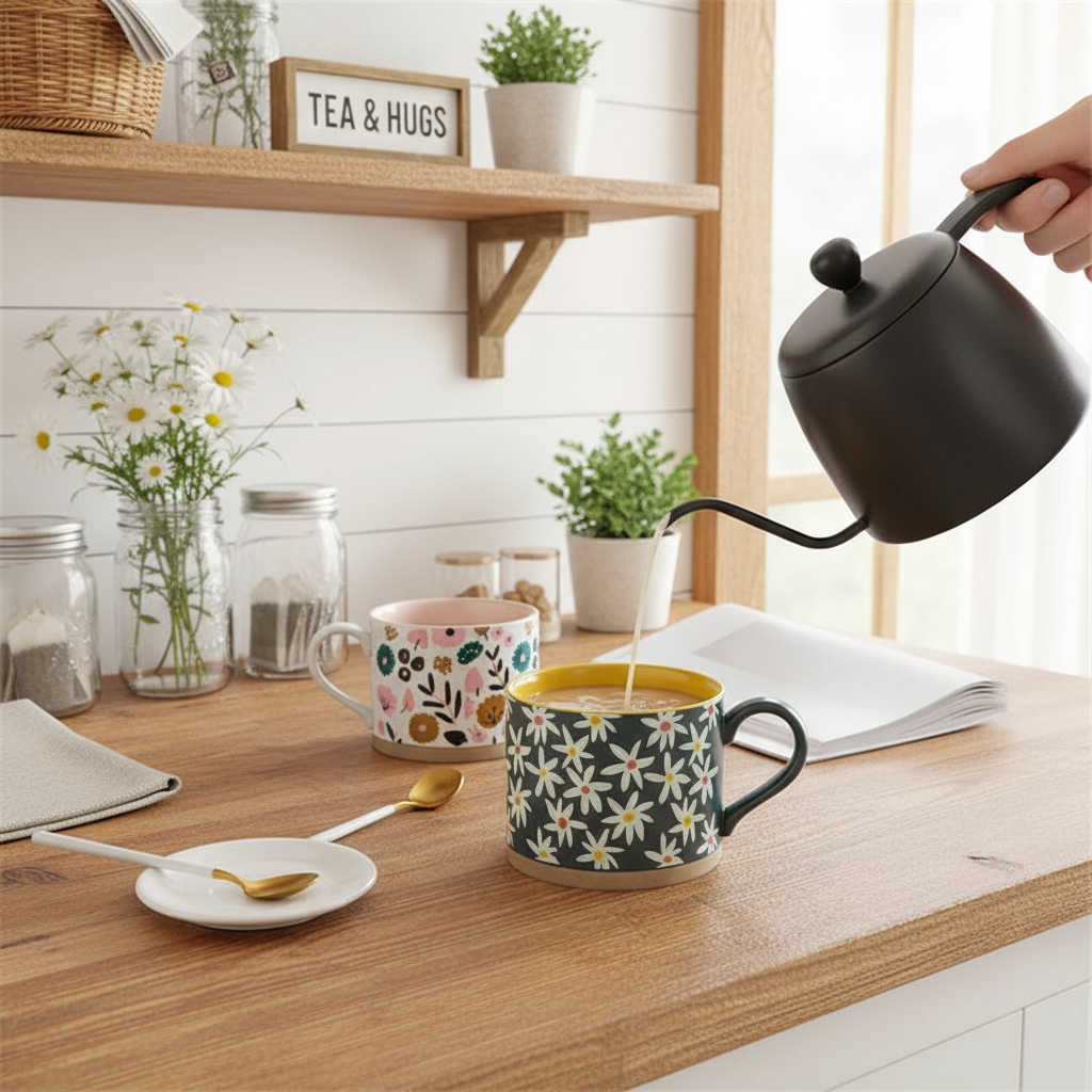 Adorable Florals Ceramic Mugs With Exposed Base Pottery With Flower Design Daisies Tea & Hugs