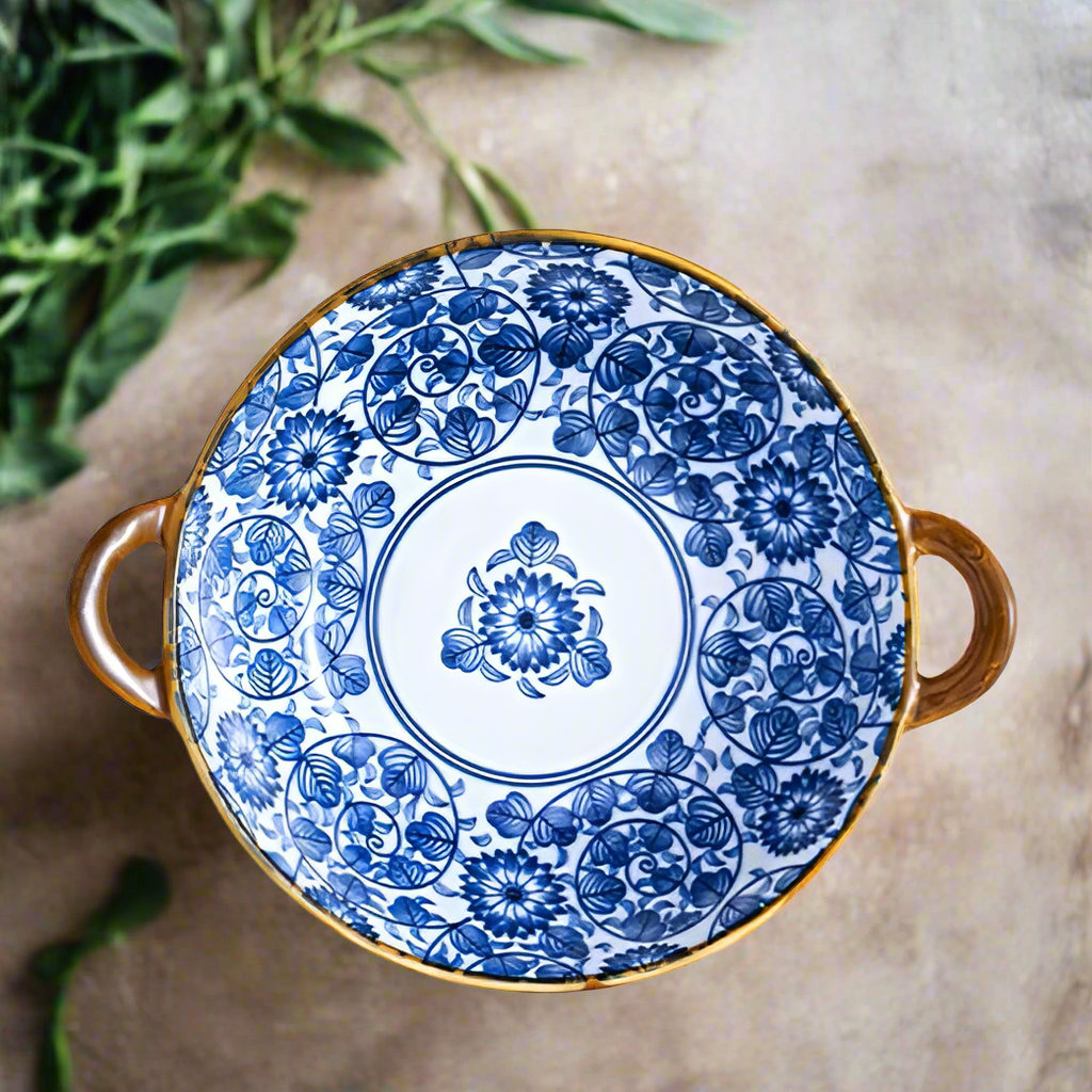 Pretty Blue Swirl And Flower Pattern Ceramic Bowl With Handles Fresh Modern Farmhouse Decor Oriental Ao Style Dish