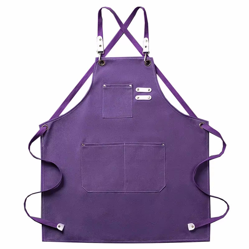 Eggplant Purple Color Cookout Style Cotton Canvas Kitchen Apron With Pockets And Adjustable Tie Strings