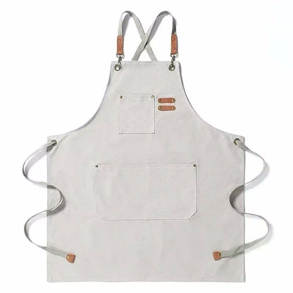Milk White Color Cookout Style Cotton Canvas Kitchen Apron With Pockets And Adjustable Tie Strings