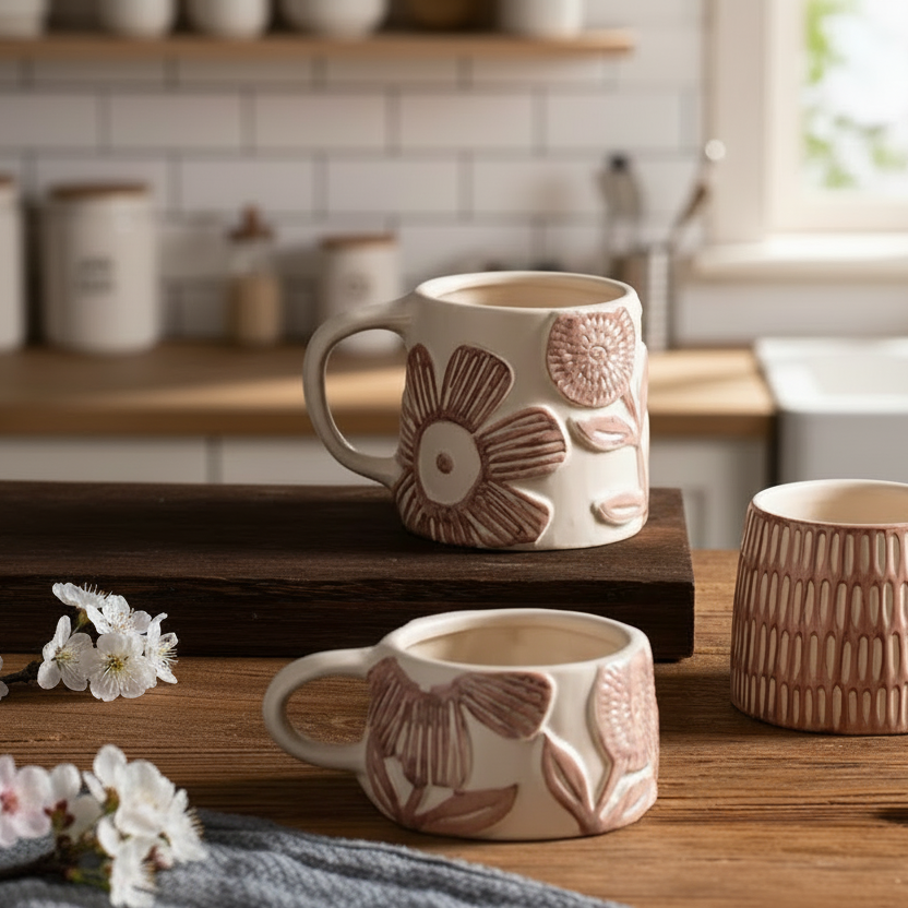 Soft Pink Blush Color Mugs With Organic Retro Craft Style Flower Patterns Fresh Springtime Blooms