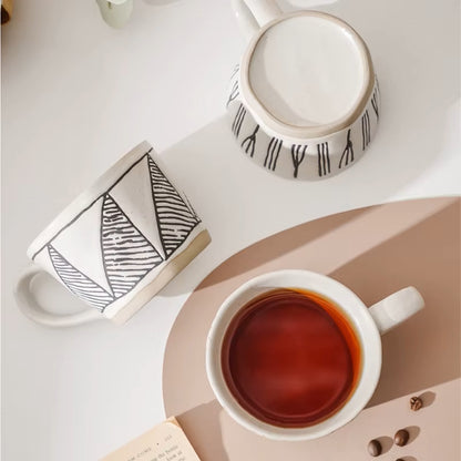 Craft Style Tea Cups Ceramic Mugs With Black And White Patterns