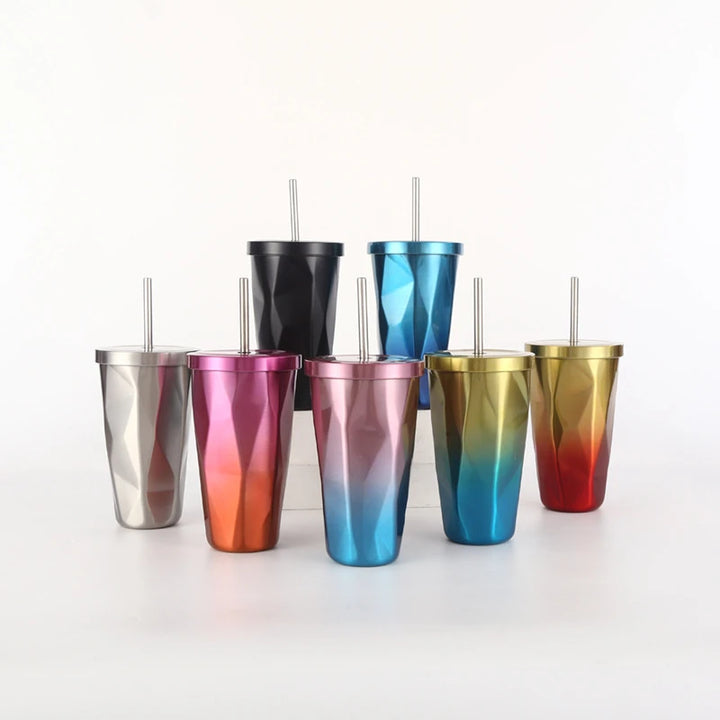 Stainless Steel Prismatic Tumbler With Straw