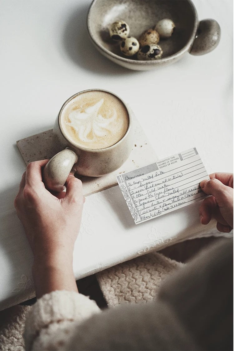 Creamy Latte With Recipe In Hand Hygge Home With Organic Style Pottery Ceramic Mug With Retro Chunky Handle Shape