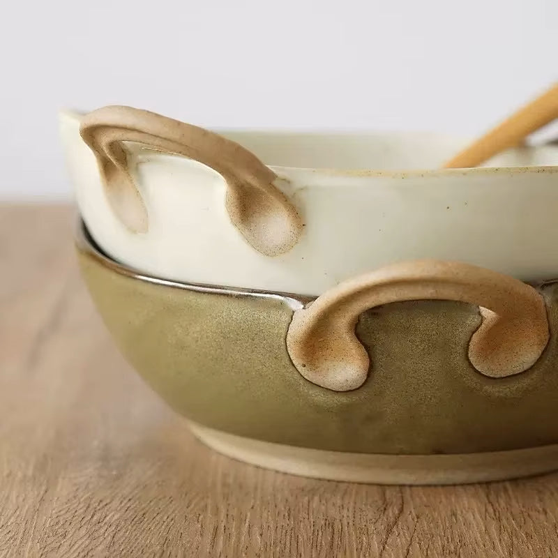 Farmhouse Villa Dinnerware Ceramic Pottery Bowls With Handles Close Up Dish Handle Design