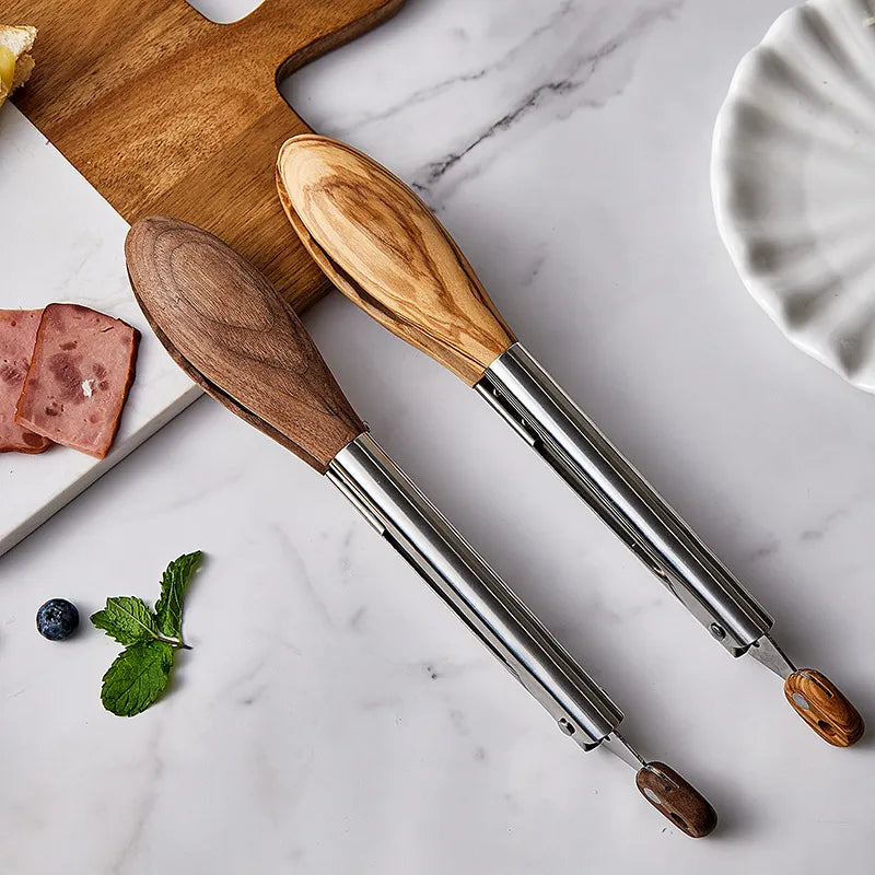 Walnut And Olive Wood With Stainless Steel Locking Kitchen Tongs