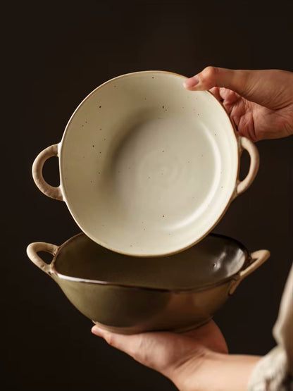 Farmhouse Villa Style Irregular Shaped Ceramic Bowls With Handles