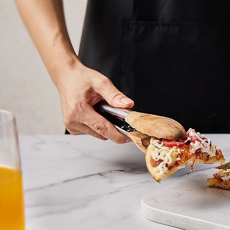 Serving Pizza With Tongs Real Olive Wood And Stainless Steel Locking Tongs