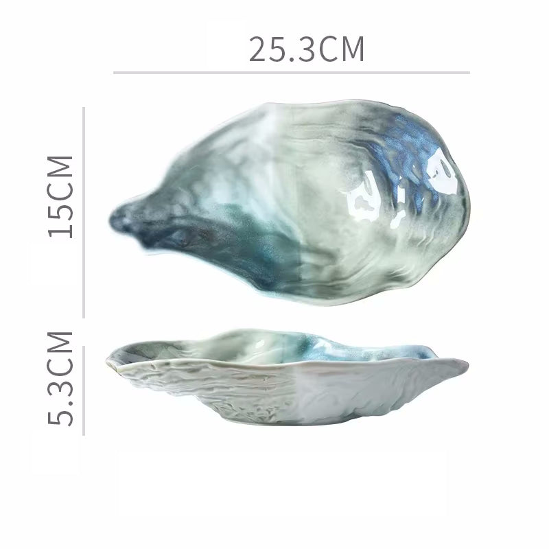Large Seafoam Lagoon Oyster Shaped Ceramic Dish Seashore Serveware