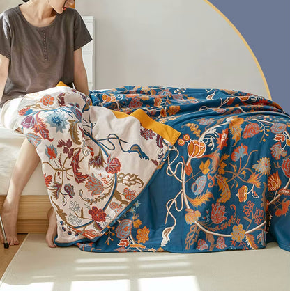 Sitting With Blanket Colorful Reversible Quilt Regal Floral Bed Coverlet With Autumn Style And Fall Vibes