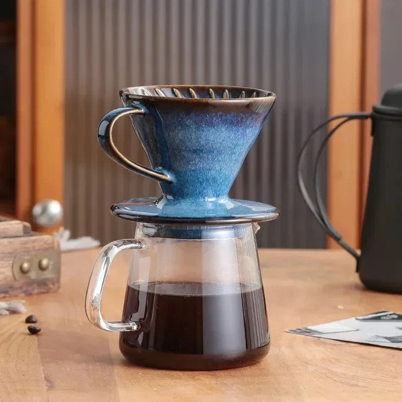 Blue Ceramic Coffee Cone With Handle On Glass Pot For Making Drip Style And Pour Over Coffee