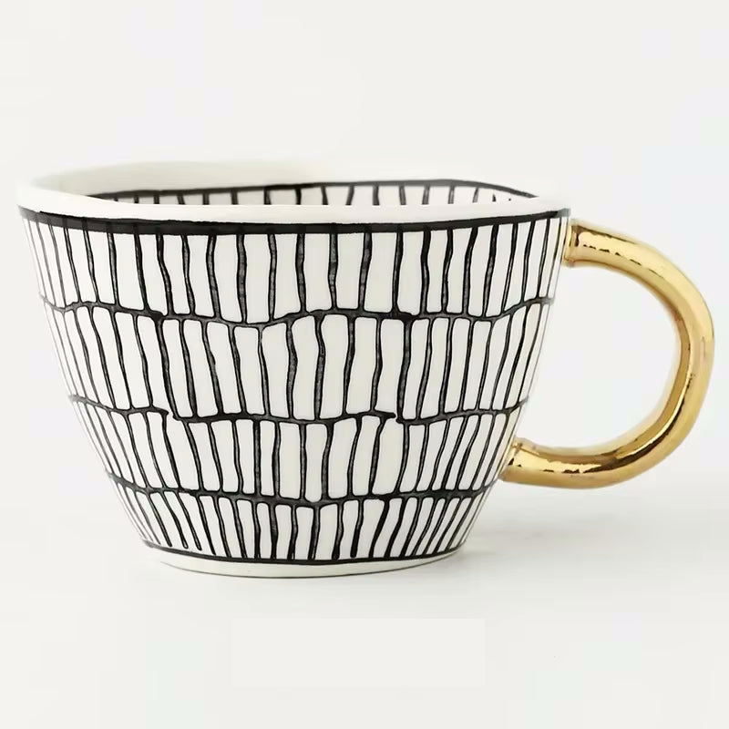 Organic Artistic Style Patterned Irregular Shaped Ceramic Mug With Gold Handle