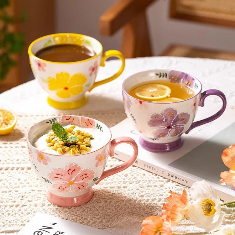 Oversized Tea Cups Ceramic Mugs With Painted Petals Pretty Flowers For Coffee Tea And Cereal Dishes