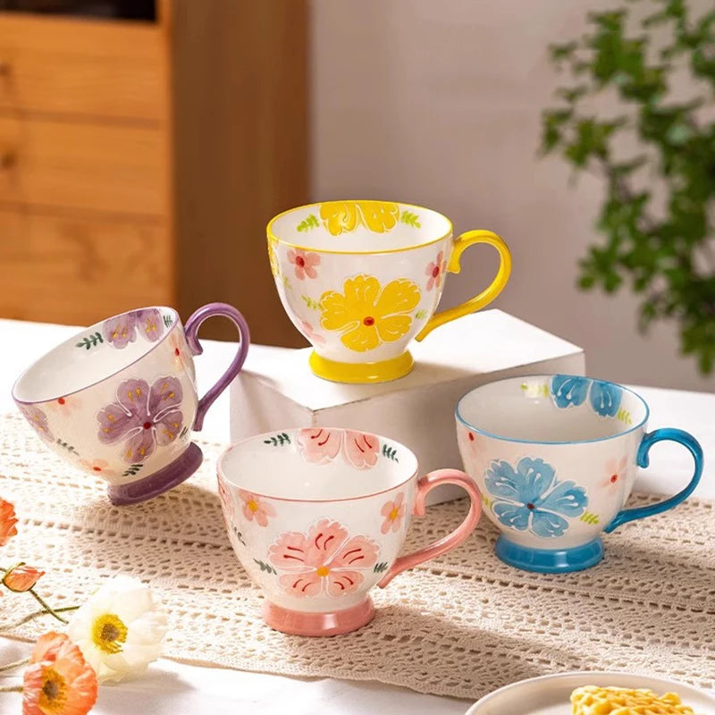Painted Petals Ceramic Tea Cups With Four Bright Flower Designs