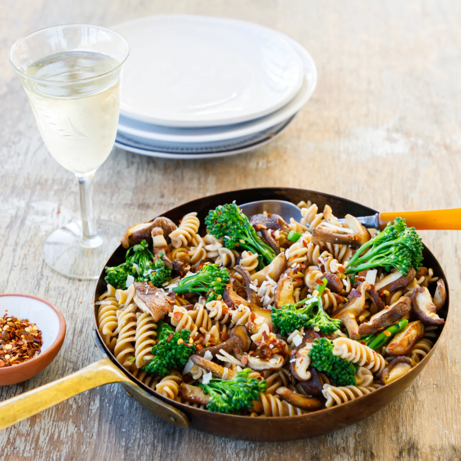 Glass Of White Wine With Patagonia Provisions Organic Fusilli Broccolini Mushroom Pasta Recipe