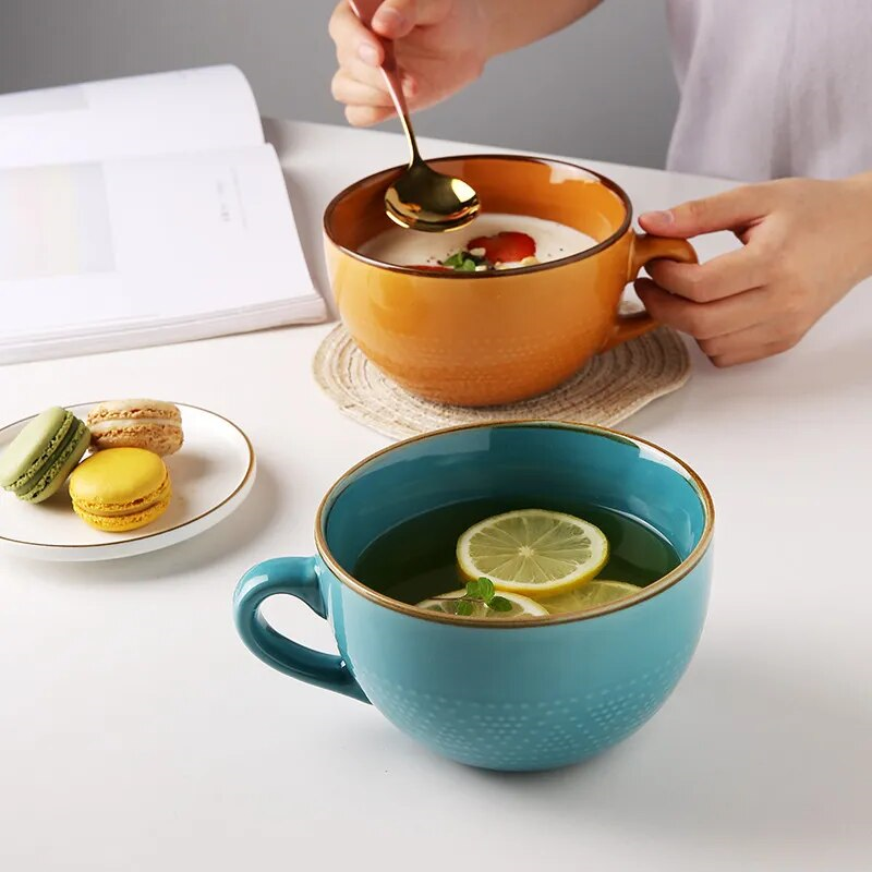 Morning Perk Mugs Huge Cup Of Tea With Lemon And Person Eating Breakfast Out Of Oversized Ceramic Cereal Mug