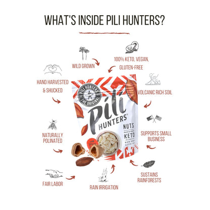 Pili Hunters Infographic Keto Vegan Wild Grown Pili Nuts With Spicy Chili Pepper