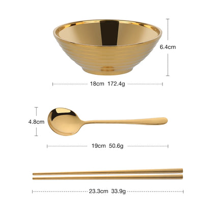Glam Stainless Steel Insulated Colorful Gold Noodle Bowl With Matching Gold Spoon And Gold Chopsticks Set