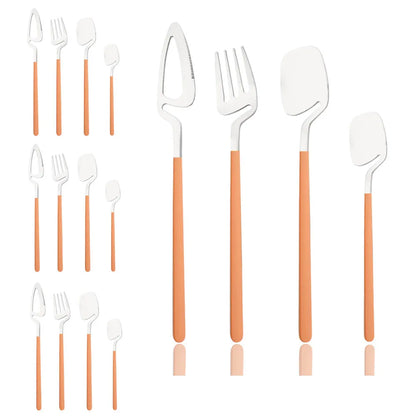 Surreal Style Silver Stainless Steel Flatware With Colorful Orange Handles Silverware 16 Set Piece