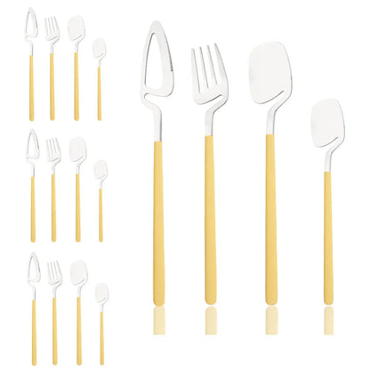 Surreal Style Silver Stainless Steel Flatware With Colorful Yellow Handles Silverware 16 Set Piece