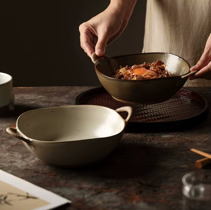 Farmhouse Villa Style Irregular Shaped Ceramic Bowls With Handles