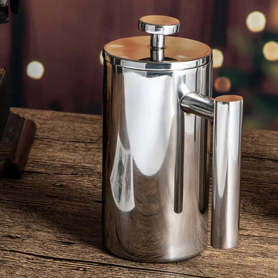 Sleek stainless steel double walled coffee French press to keep your brew hot and ensure maximum enjoyment of your favorite bean juice.