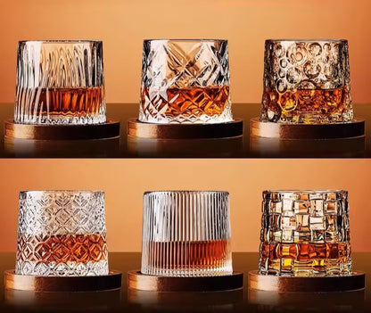 Six Luxury Yacht Club Style Glasses With Coasters Rotating Whiskey Tumblers