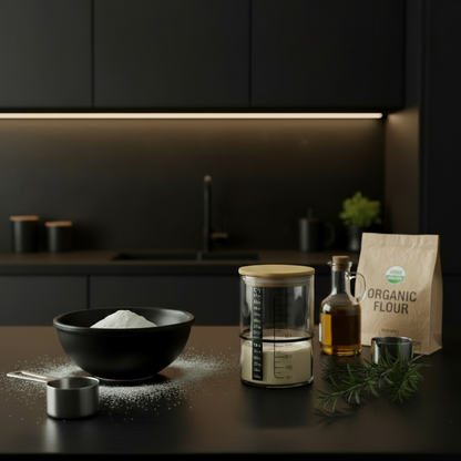 Sleek Black Modern Kitchen With Sourdough Starter In Glass Jar Fresh Herbs Organic Flour And Oil Bread Baking At Home