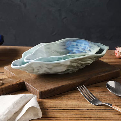 Small And Large Oyster Shaped Ceramic Dishes Seafoam Lagoon Seashore Color Serveware In Gradient Hues