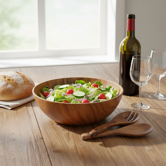 Sourdough Bread Wine And Acacia Wood Salad Bowl With Utensils Wooden Bowls With Serving Fork And Spoon