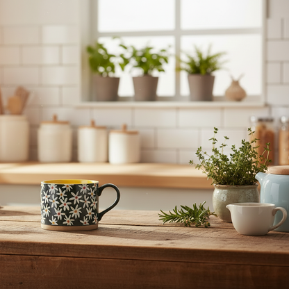 Spring Ceramic Cup With Daises Potted Herbs And Sunny Farmhouse Kitchen Drinkware Adorable Florals