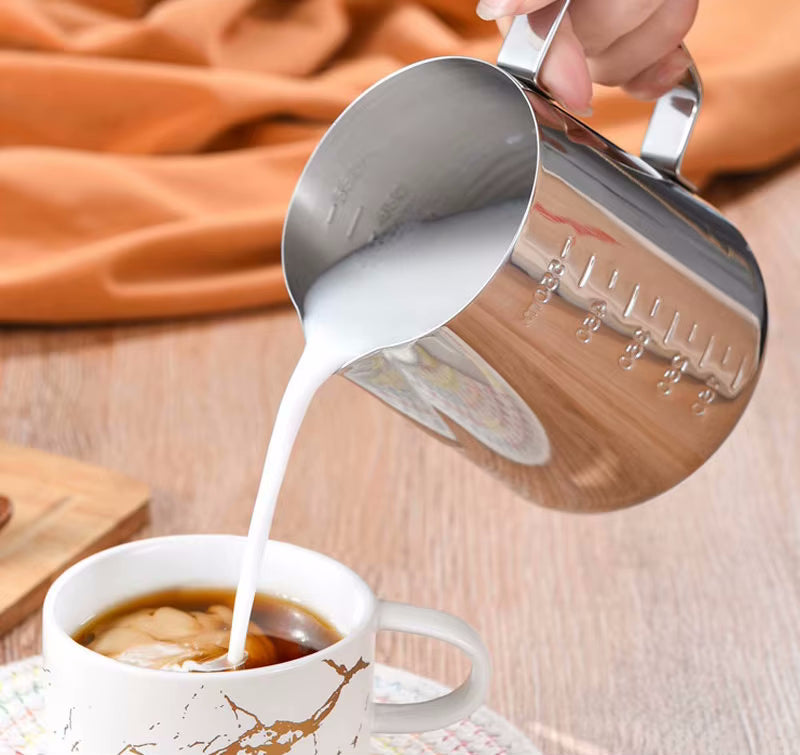 Stainless Steel Silver Chic Milk Pitcher Pouring Cream Into Coffee Barista Gear