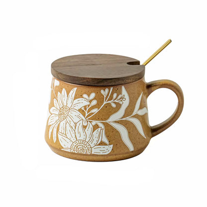 Sunflower Mug Set Enchanting Botanicals Drinkware Cup With Lid And Spoon