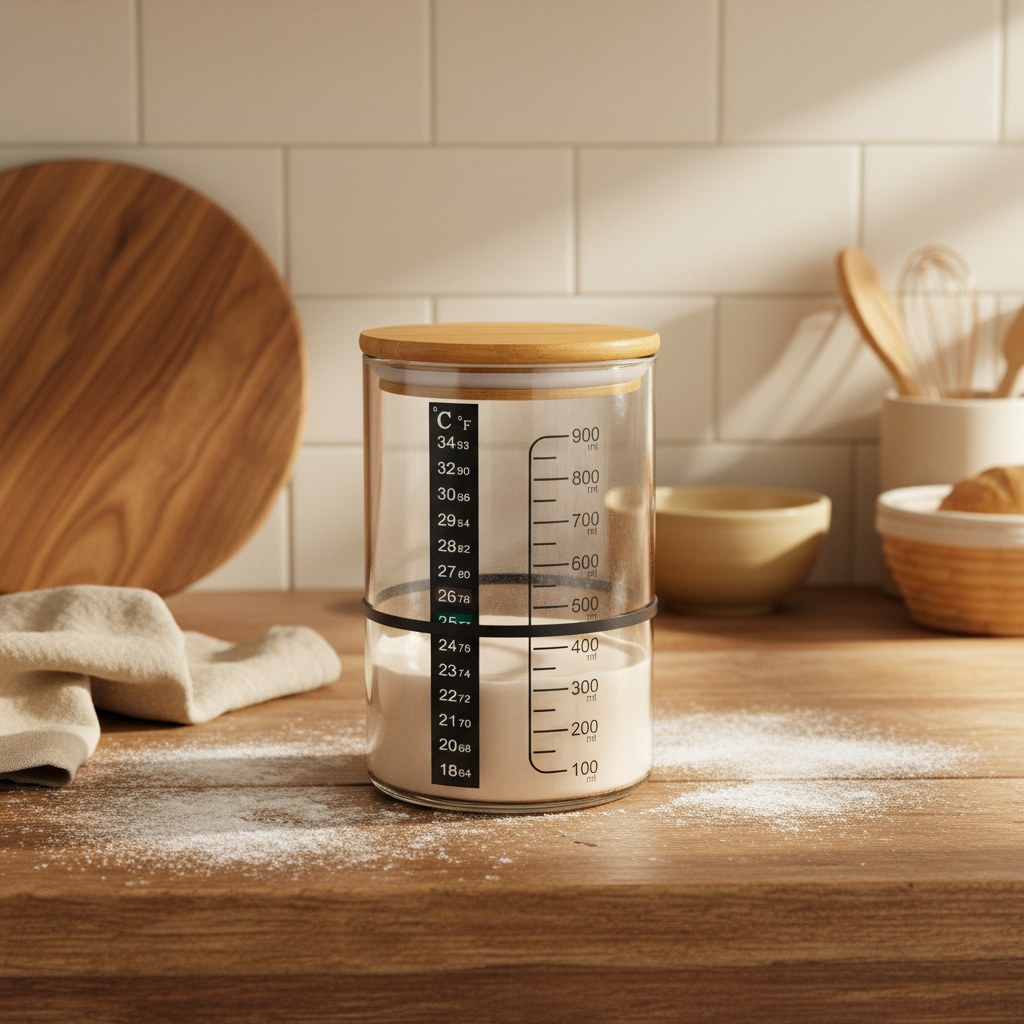 Sunny Warm Farmhouse Kitchen With Sourdough Starter Glass Jar On Wood Counter