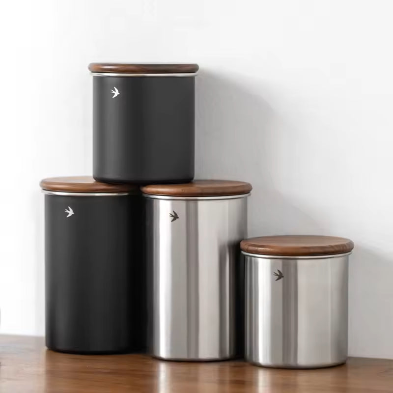 Swift Countertop Canisters Black And Silver Stainless Steel Food Storage Jars with Bird Logo