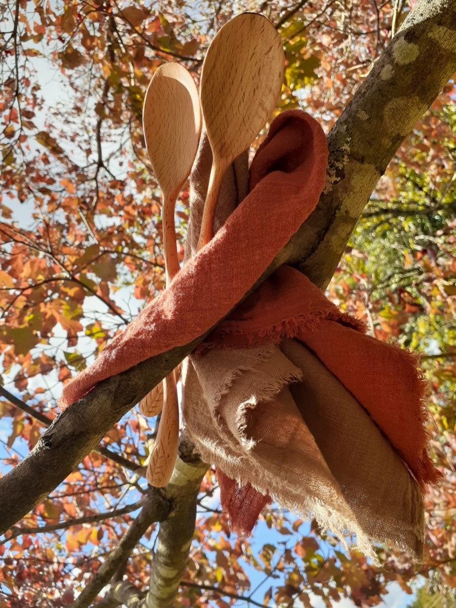 Beechwood Branch Style Wooden Spoons With Carved Leaf Handles And Pure Cotton Napkin Cloths In Fall Hues Beautiful Fall Leaves And Autumn Decor From TerraPowders.com