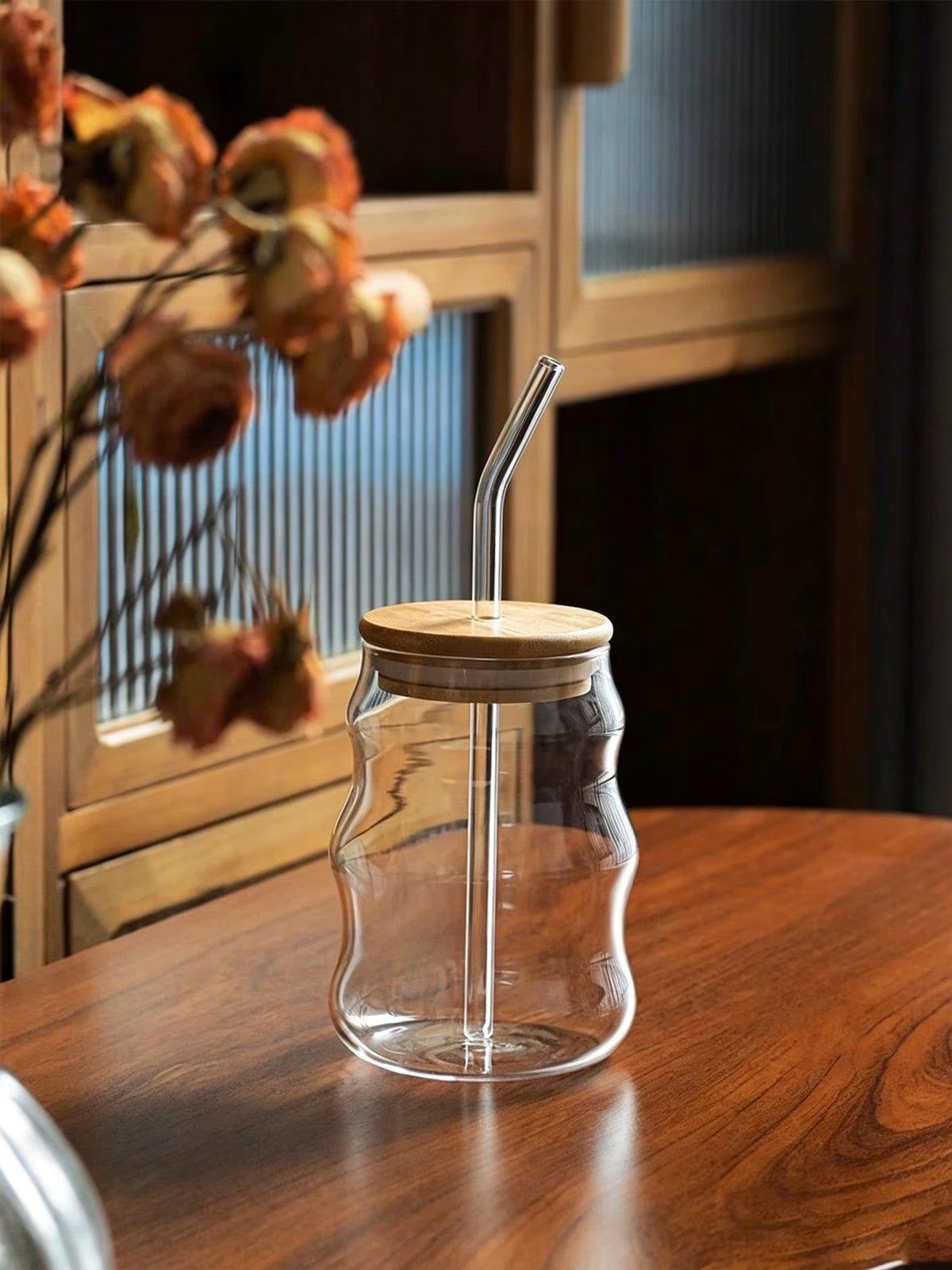 Wavy Drink Tumbler Glass Cup With Glass Straw And Bamboo Lid