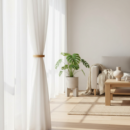 Modern Living Room With Organic Decor And Wooden Curtain Holder Magnetic Ring