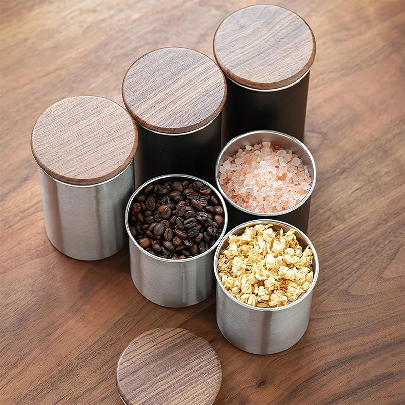 Wood Lids And Metal Jars Stainless Steel Silver And Black Swift Style Food Canisters
