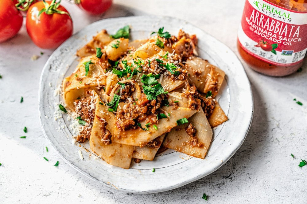 Five Ingredient Pappardelle With Spicy Arrabbiata Meat Sauce Primal Kitchen Recipe