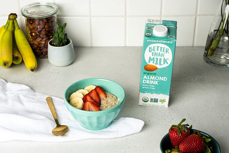 Bowl On Kitchen Counter With Warm Breakfast Cereal Fresh Fruit Berries And No Sugar Added Dairy Free Better Than Milk Almond Drink Unsweetened