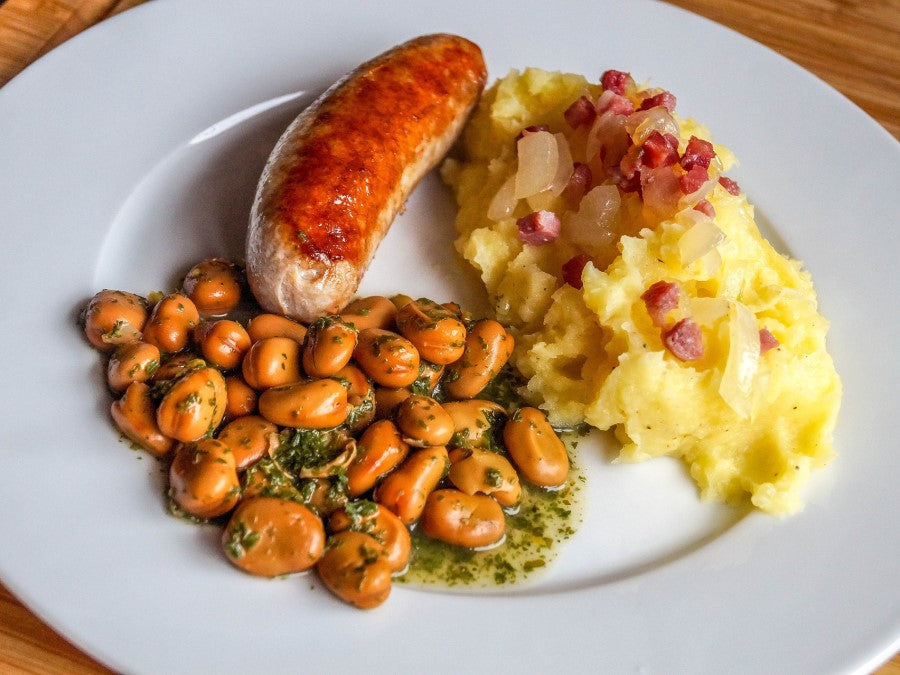 Bratwurst Beans And Bacon Topped Mashed Hearts Of Palm From Terra Powders