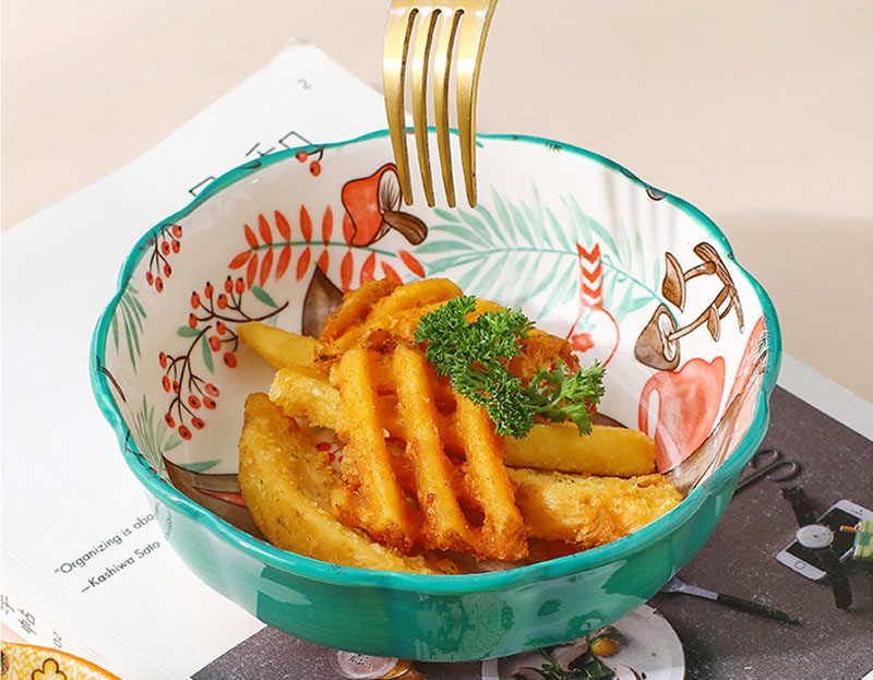 Eating Meal Out Of Cute Scalloped Ceramic Bowl In Adorable Nordic Forest Animal Print