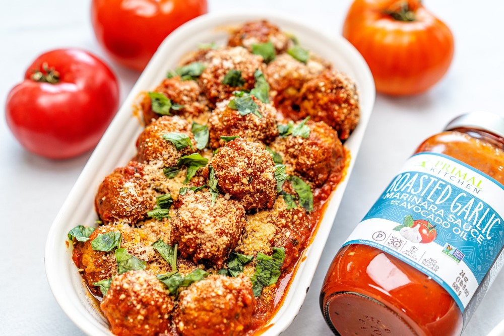 Keto Bison Meatballs With Roasted Garlic Marinara Sauce Primal Kitchen Recipe