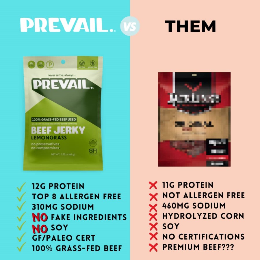 Healthy Allergen Friendly Clean Ingredient Prevail Lemongrass Beef Jerky VS Other Brand