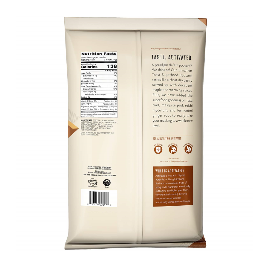 Activated Superfood Popcorn Cinnamon Twist 4 Ounce Nutritional Facts Living Intentions