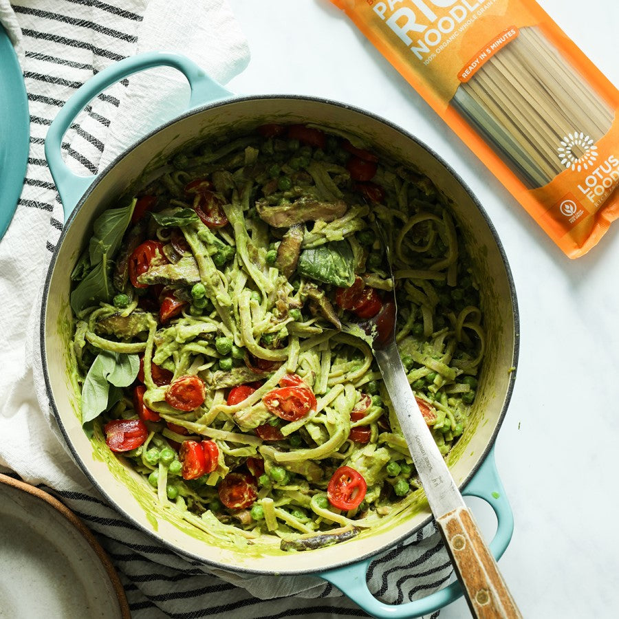 Gluten Free Brown Rice Pasta Pad Thai Noodles Create Delicious Pesto Pasta Recipe From Lotus Foods